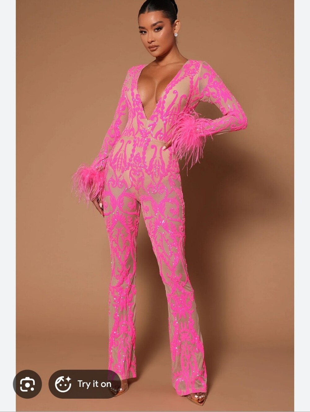 Dancing Queen Disco Festival Sequin Feather Nude Hot Pink Jumpsuit Bridal Shower